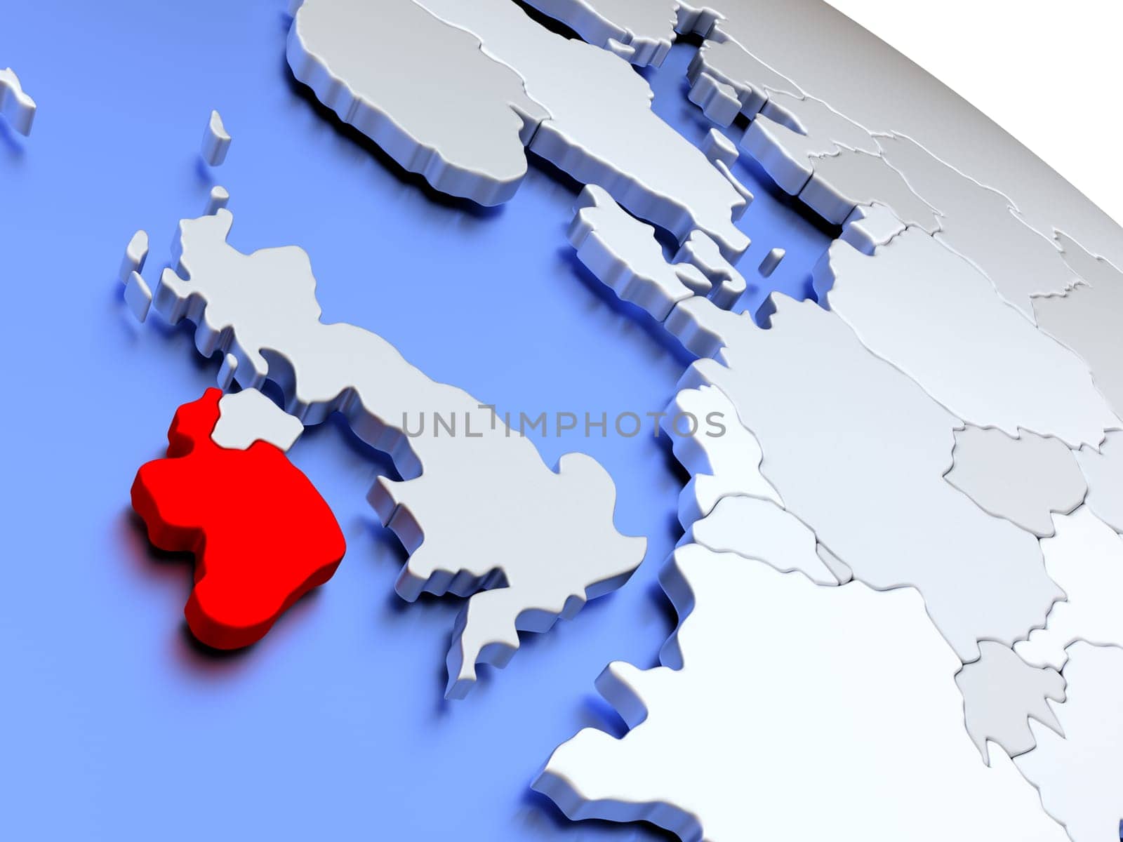 Map of Ireland on elegant silver 3D globe with blue oceans. 3D illustration
