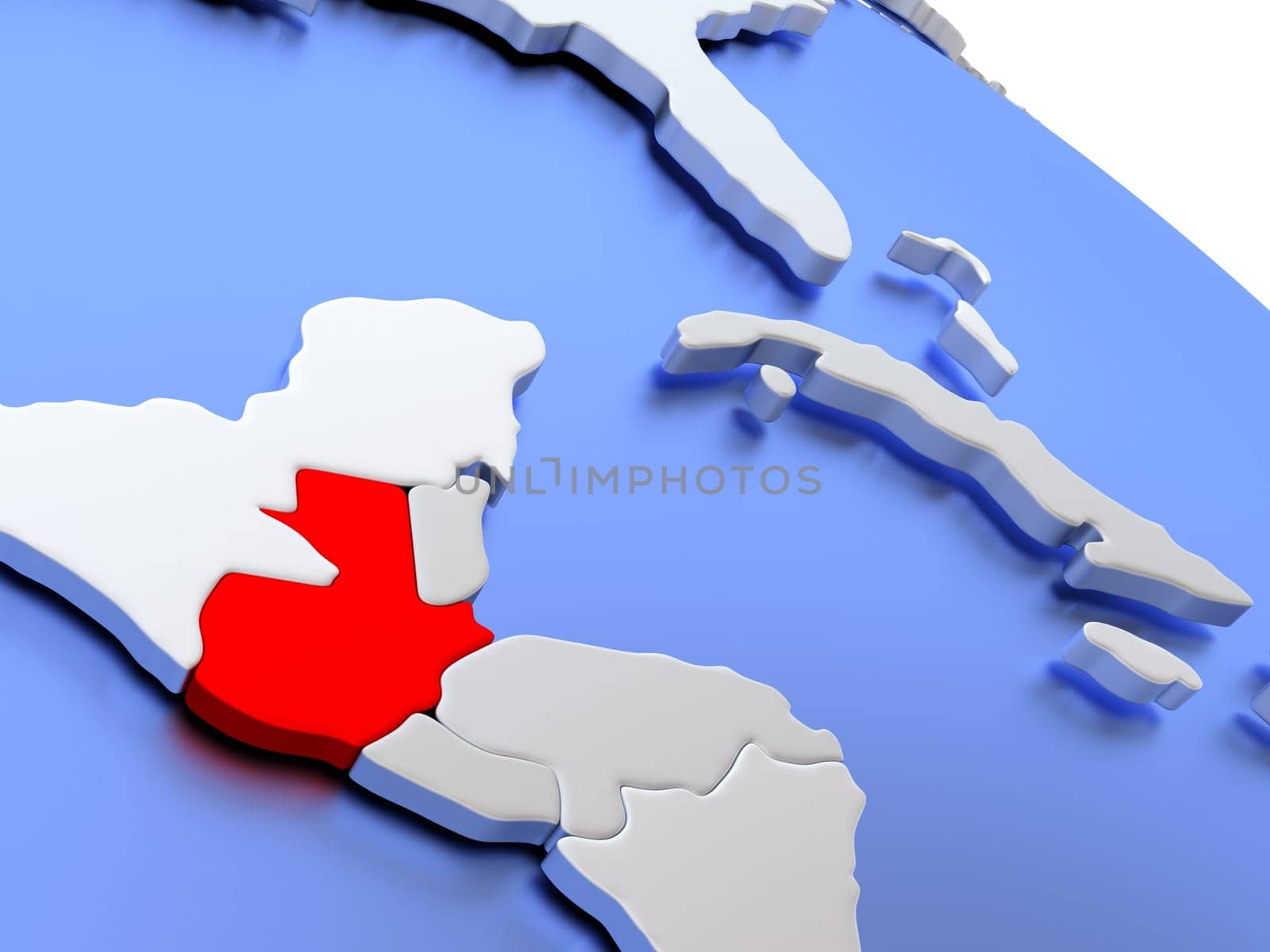 Map of Guatemala on elegant silver 3D globe with blue oceans. 3D illustration