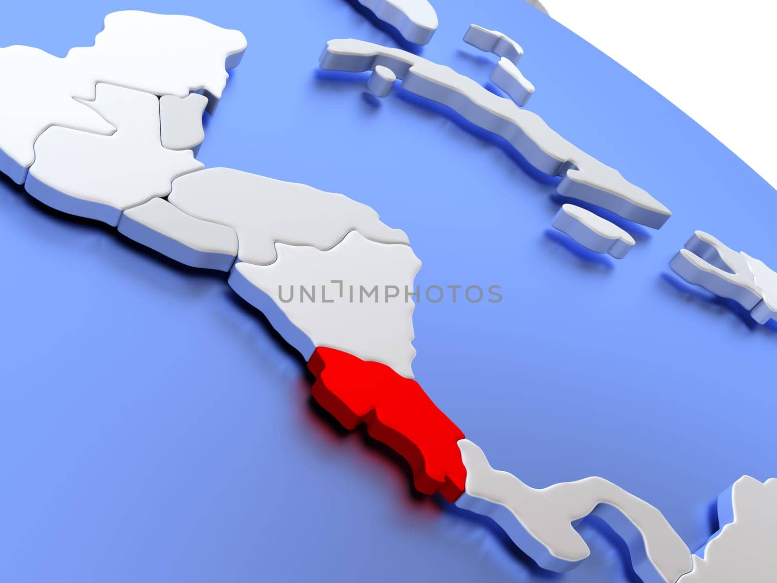 Map of Costa Rica on elegant silver 3D globe with blue oceans. 3D illustration