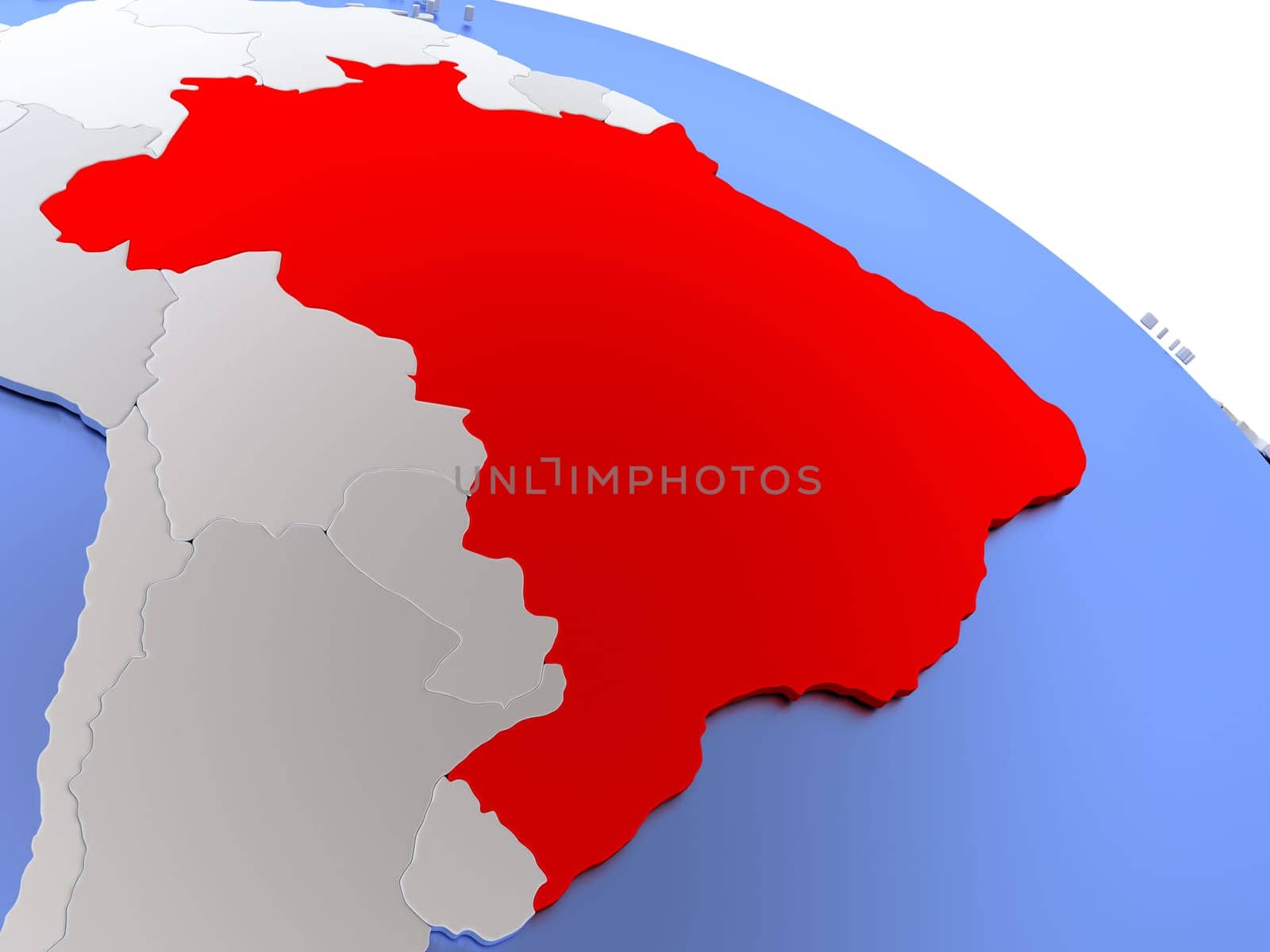 Map of Brazil on elegant silver 3D globe with blue oceans. 3D illustration