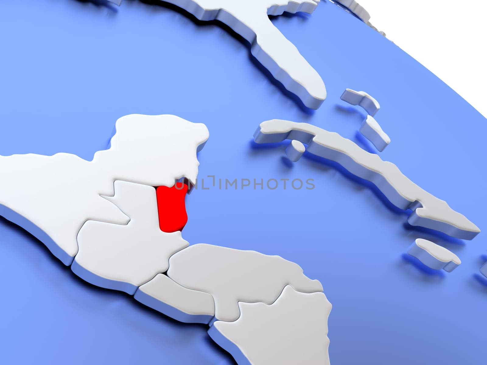 Map of Belize on elegant silver 3D globe with blue oceans. 3D illustration