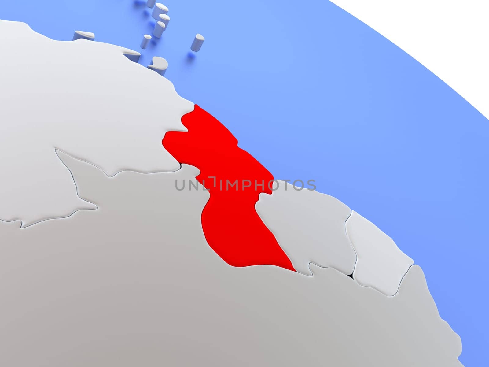 Map of Guyana on elegant silver 3D globe with blue oceans. 3D illustration