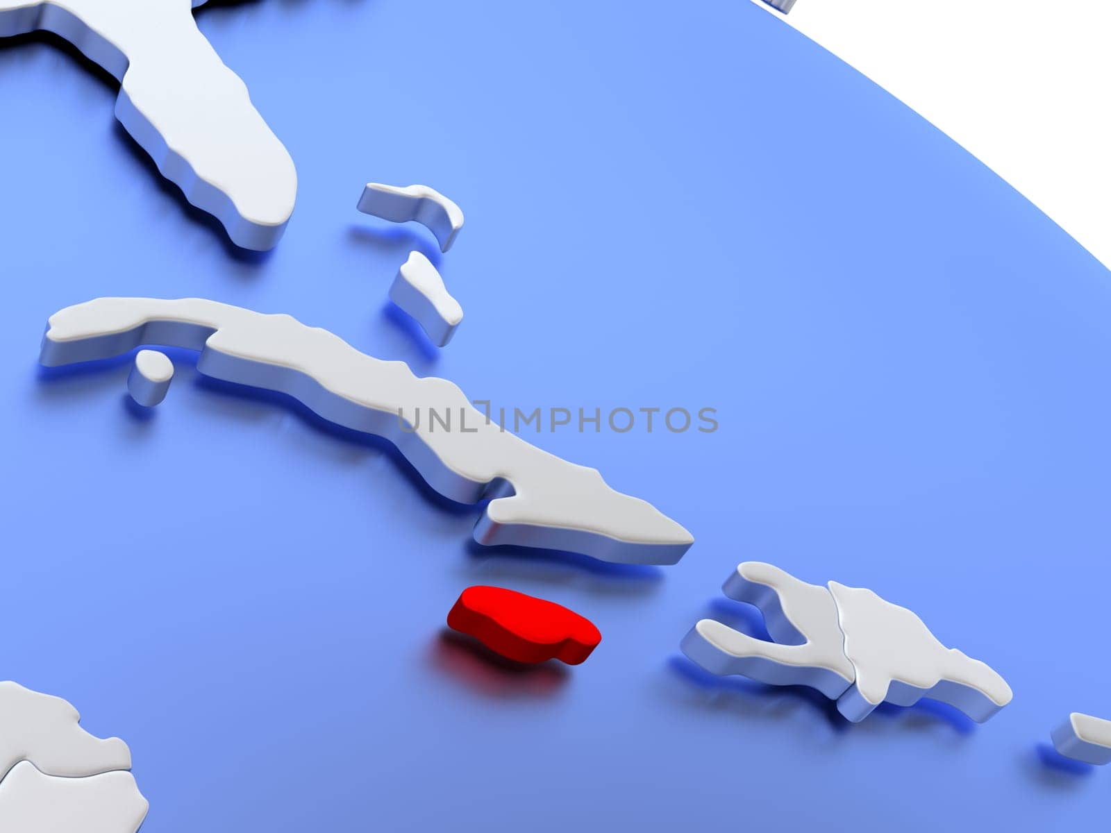 Map of Jamaica on elegant silver 3D globe with blue oceans. 3D illustration