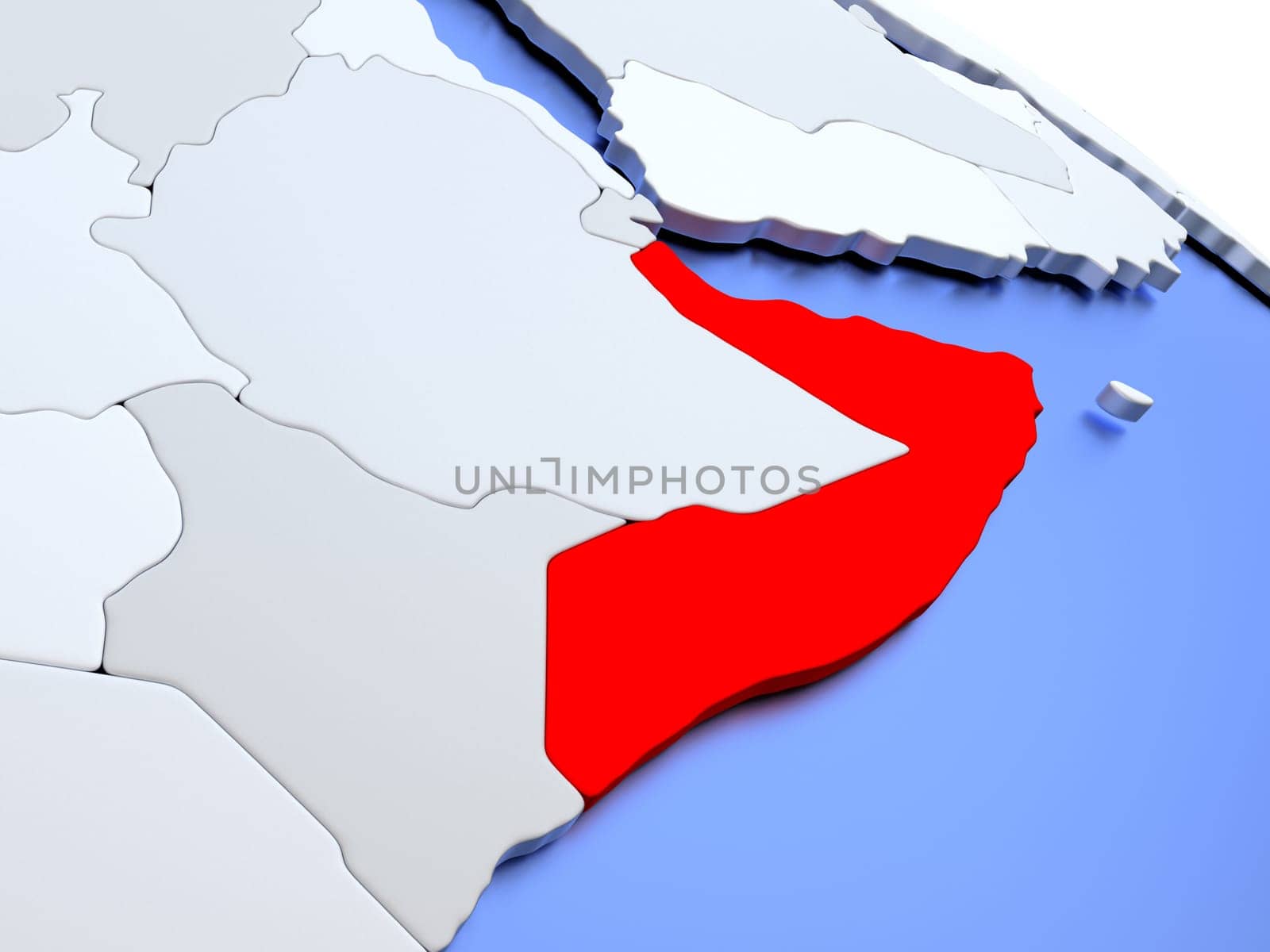 Map of Somalia on elegant silver 3D globe with blue oceans. 3D illustration