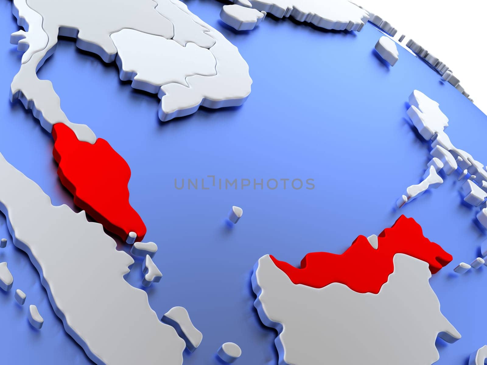 Map of Malaysia on elegant silver 3D globe with blue oceans. 3D illustration