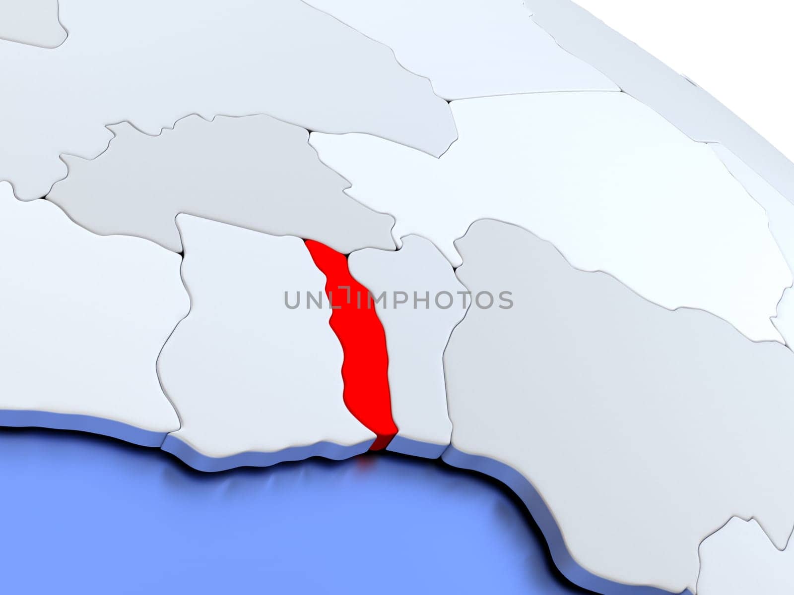 Map of Togo on elegant silver 3D globe with blue oceans. 3D illustration