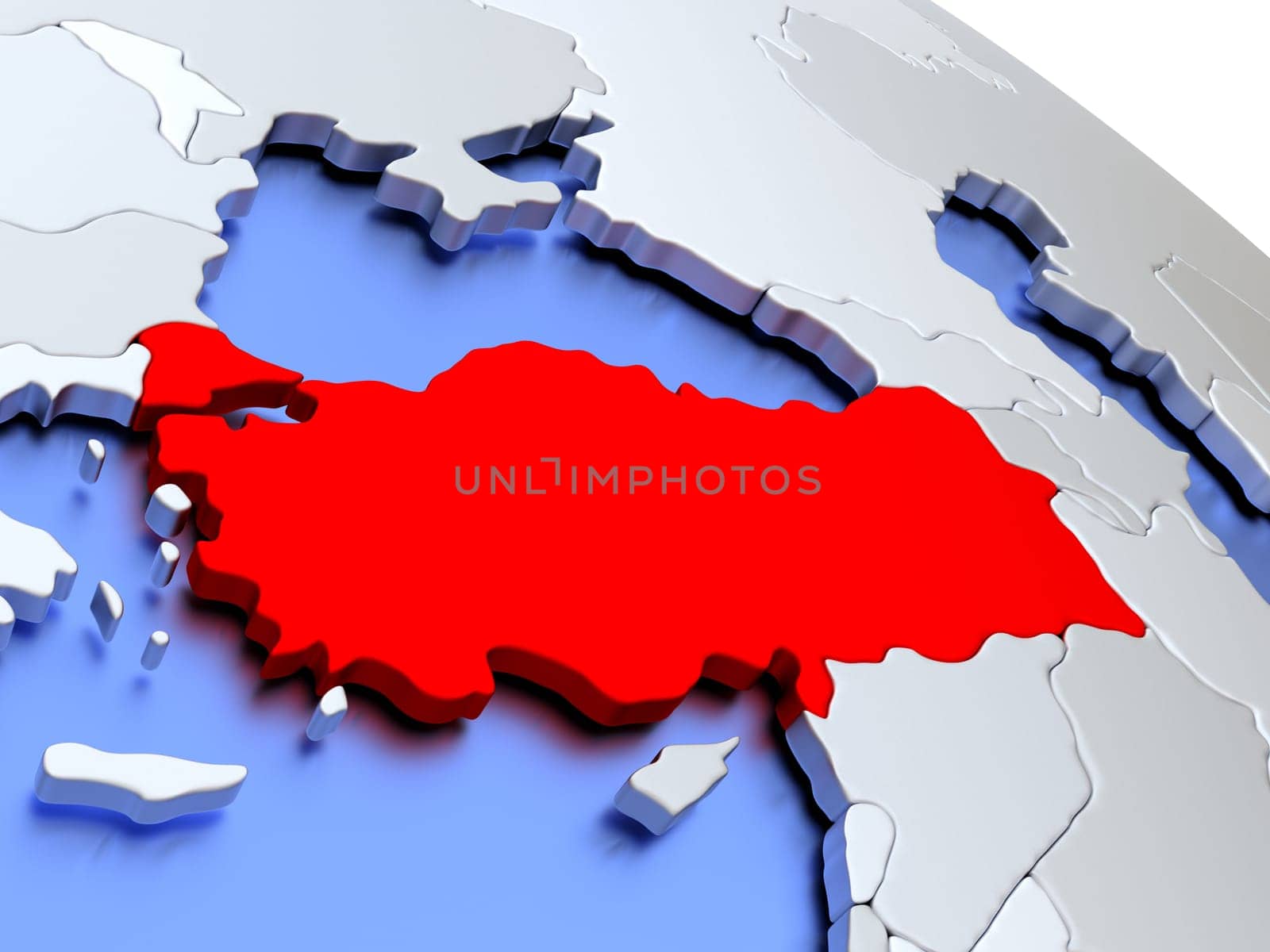 Map of Turkey on elegant silver 3D globe with blue oceans. 3D illustration
