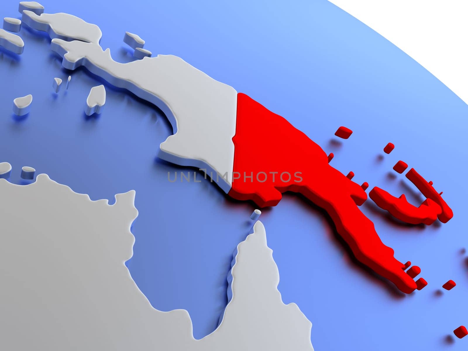 Map of Papua New Guinea on elegant silver 3D globe with blue oceans. 3D illustration