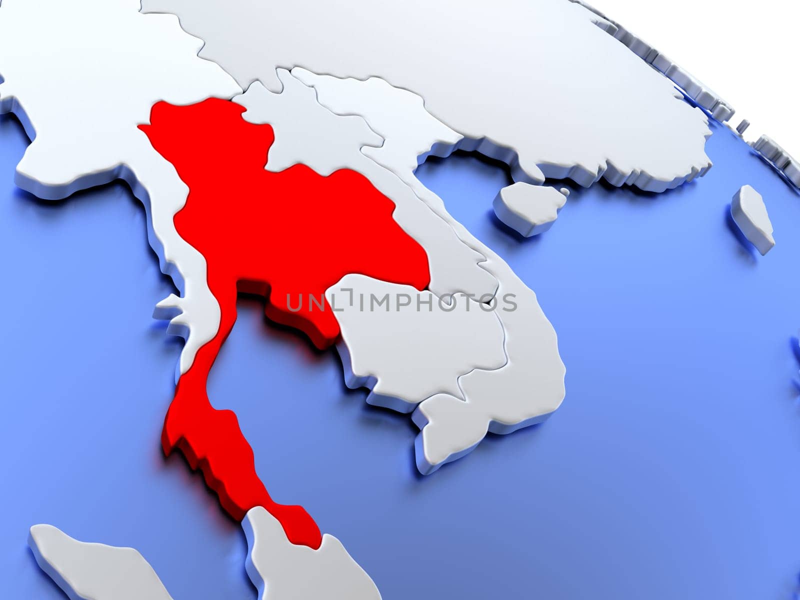 Map of Thailand on elegant silver 3D globe with blue oceans. 3D illustration