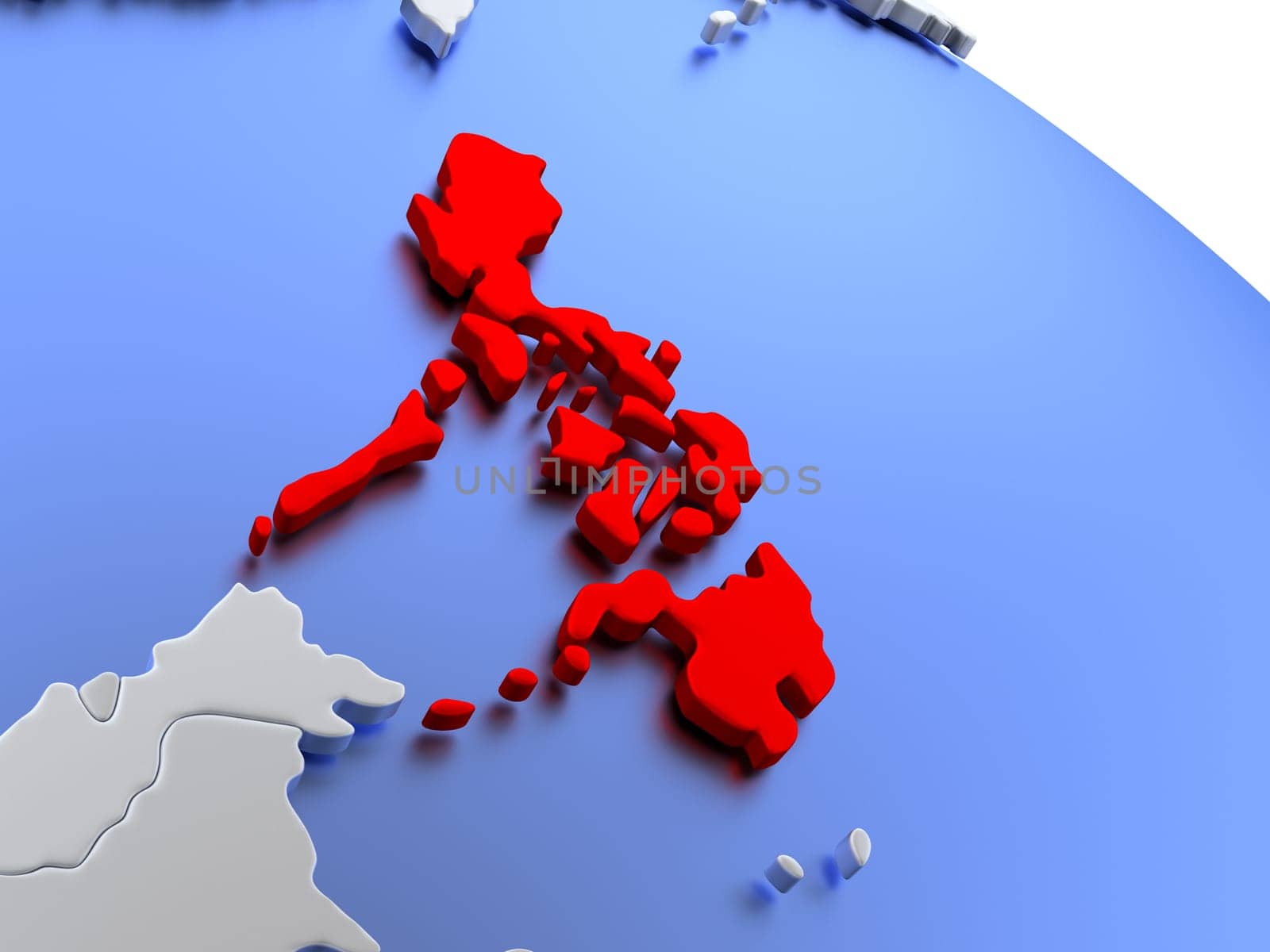 Map of Philippines on elegant silver 3D globe with blue oceans. 3D illustration