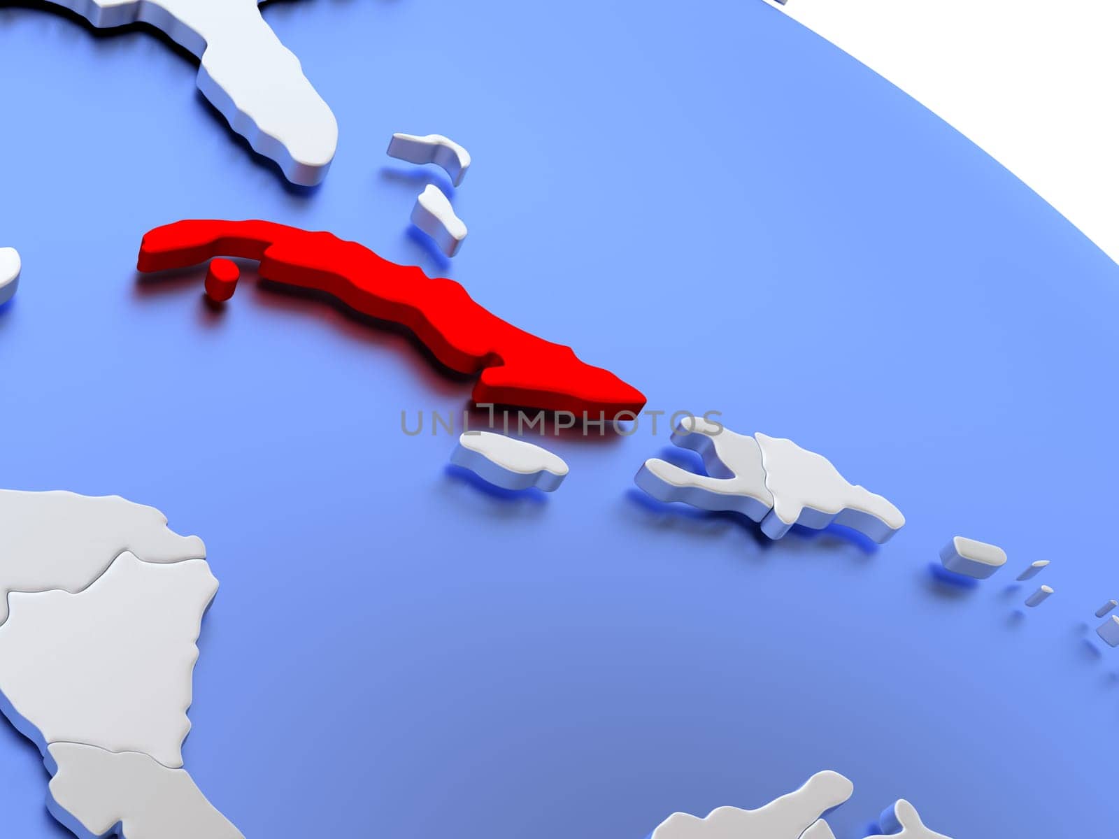 Map of Cuba on elegant silver 3D globe with blue oceans. 3D illustration