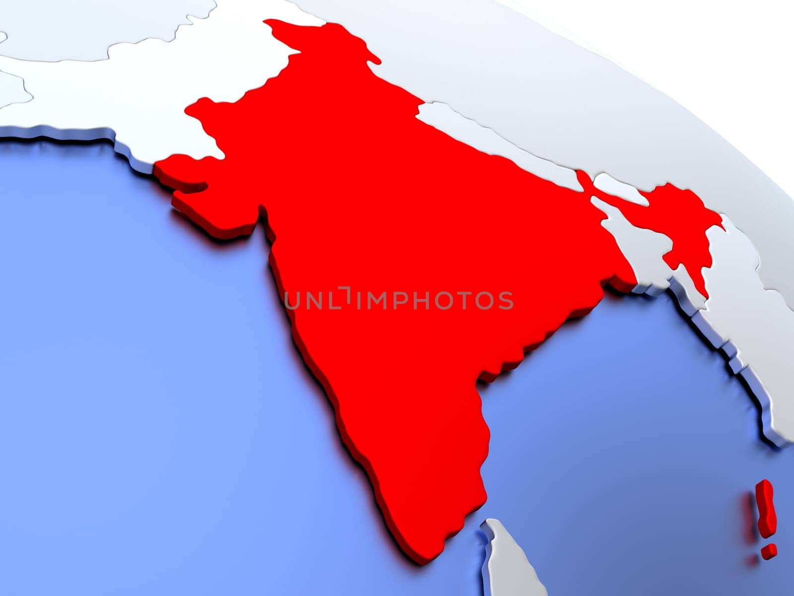 Map of India on elegant silver 3D globe with blue oceans. 3D illustration