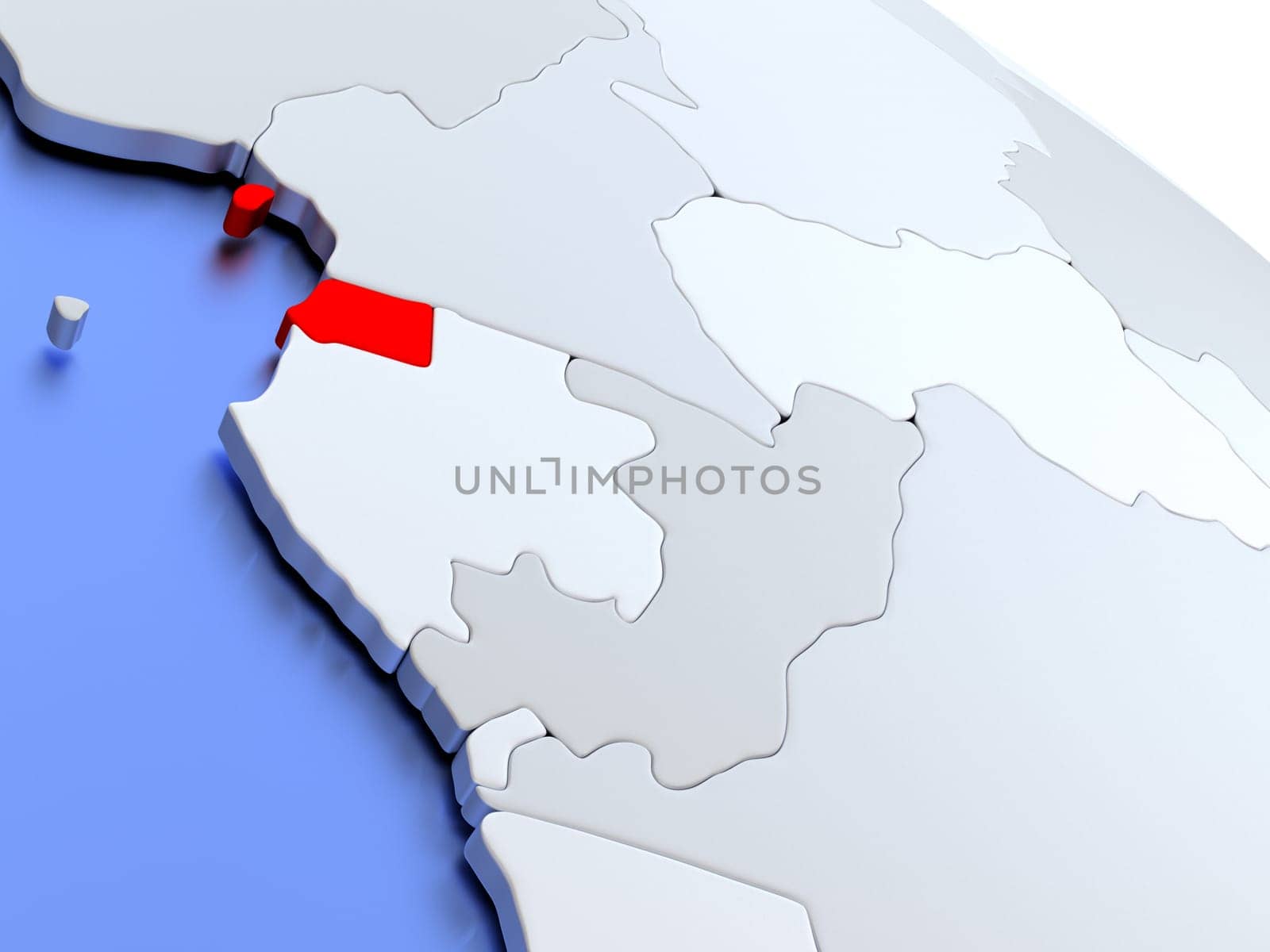 Map of Equatorial Guinea on elegant silver 3D globe with blue oceans. 3D illustration