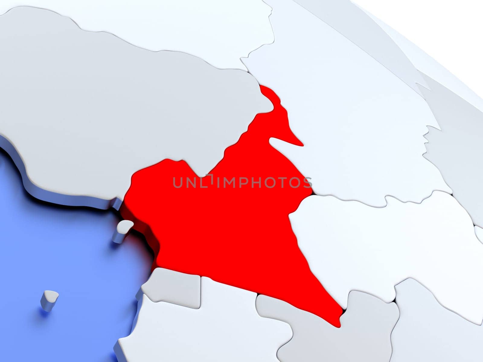 Map of Cameroon on elegant silver 3D globe with blue oceans. 3D illustration