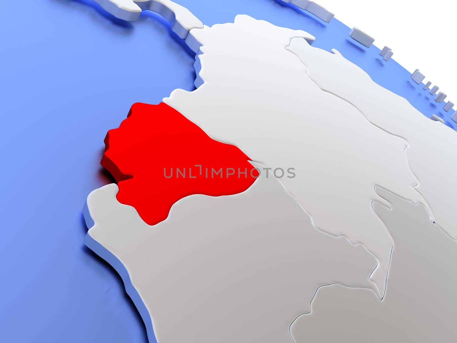 Map of Ecuador on elegant silver 3D globe with blue oceans. 3D illustration