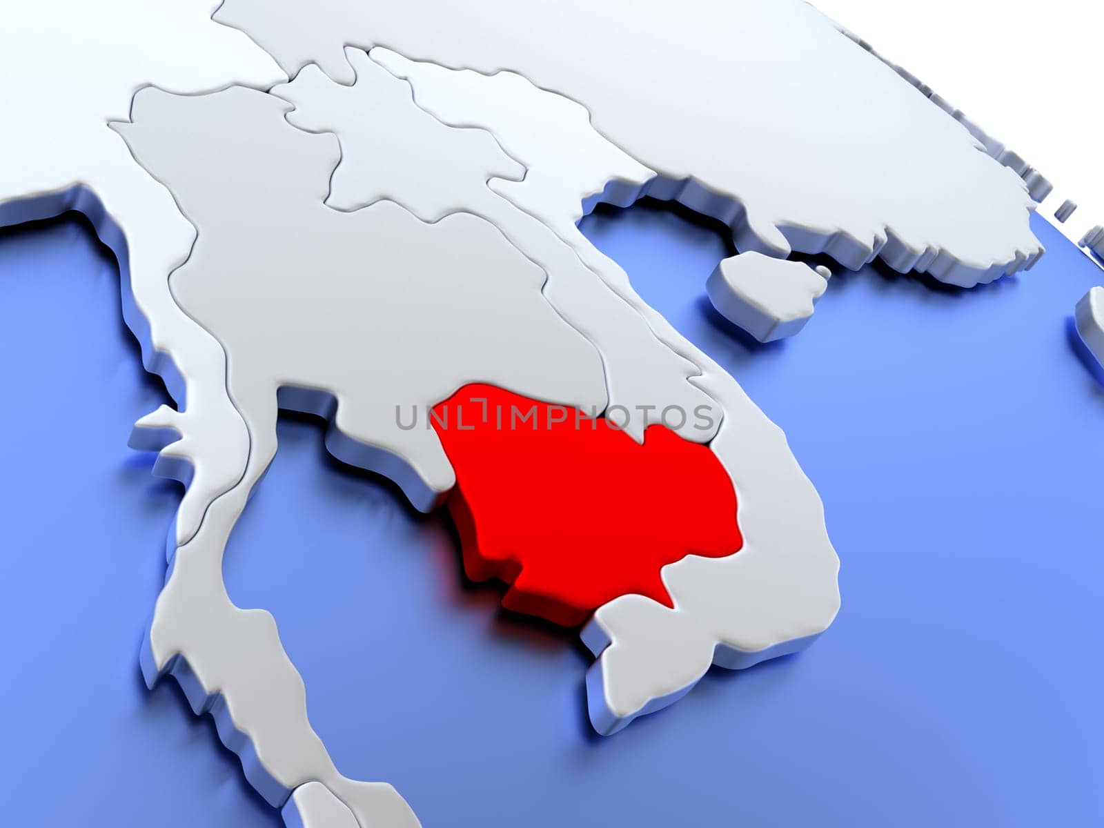 Map of Cambodia on elegant silver 3D globe with blue oceans. 3D illustration