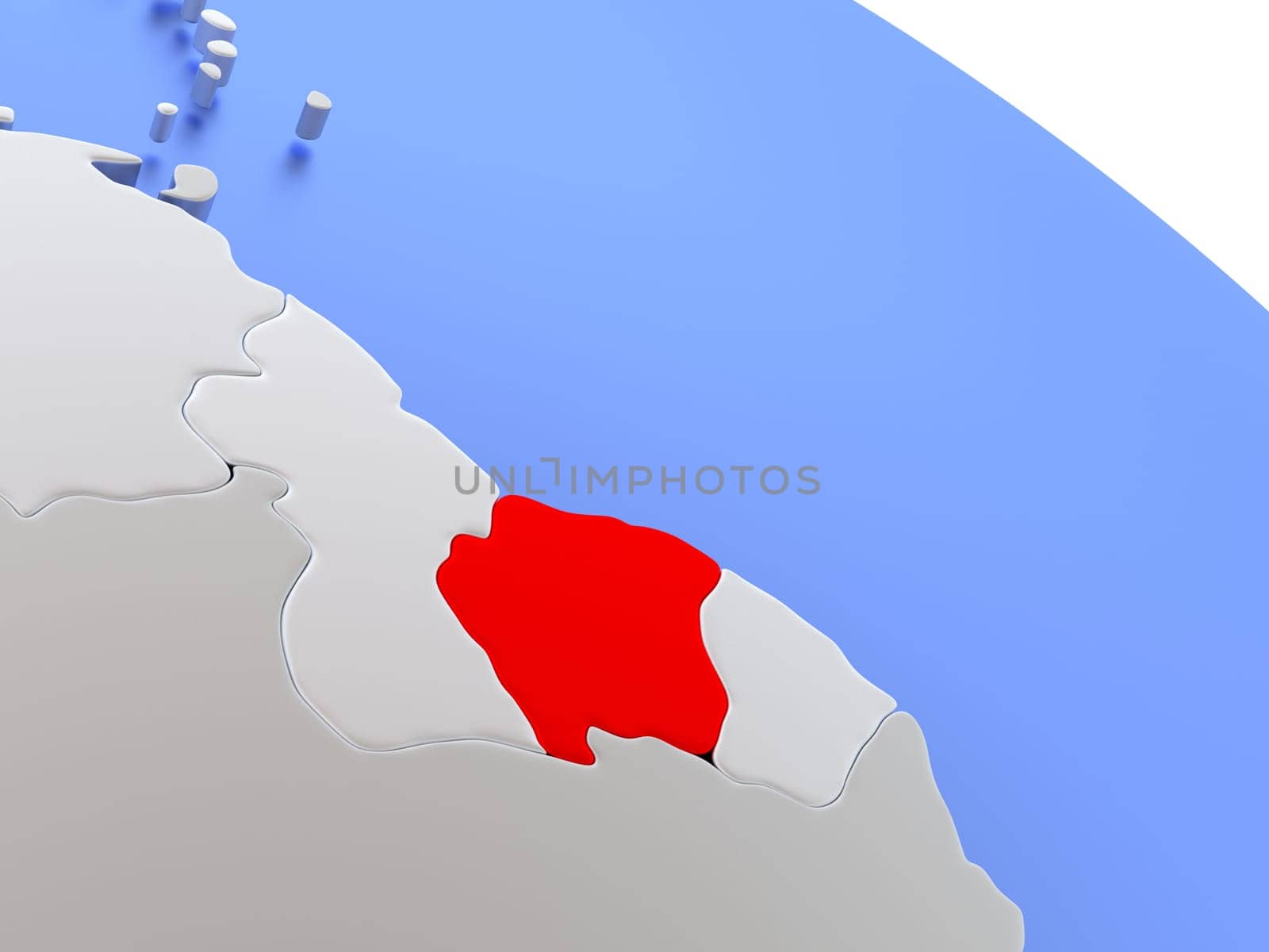 Map of Suriname on elegant silver 3D globe with blue oceans. 3D illustration