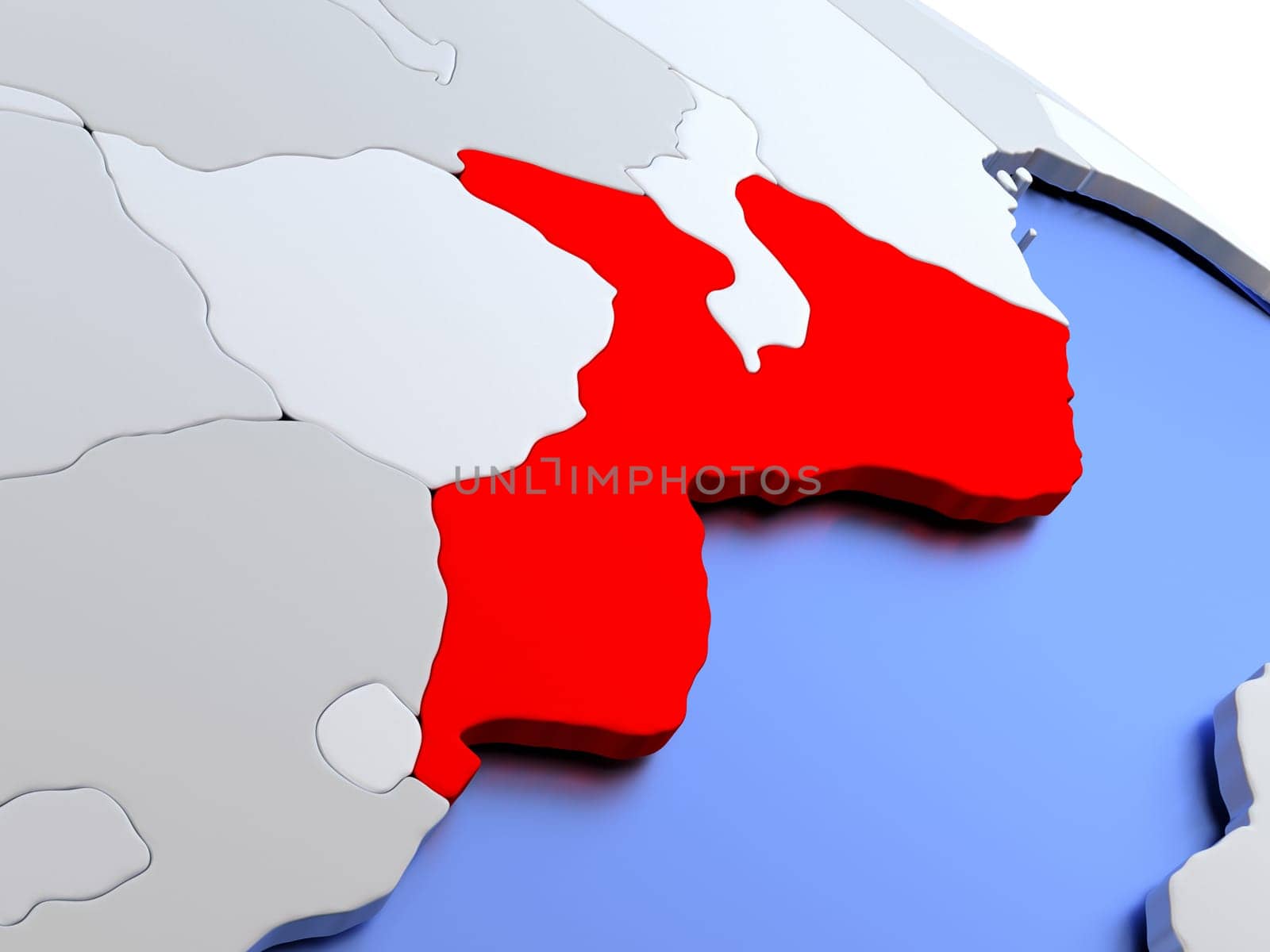 Map of Mozambique on elegant silver 3D globe with blue oceans. 3D illustration
