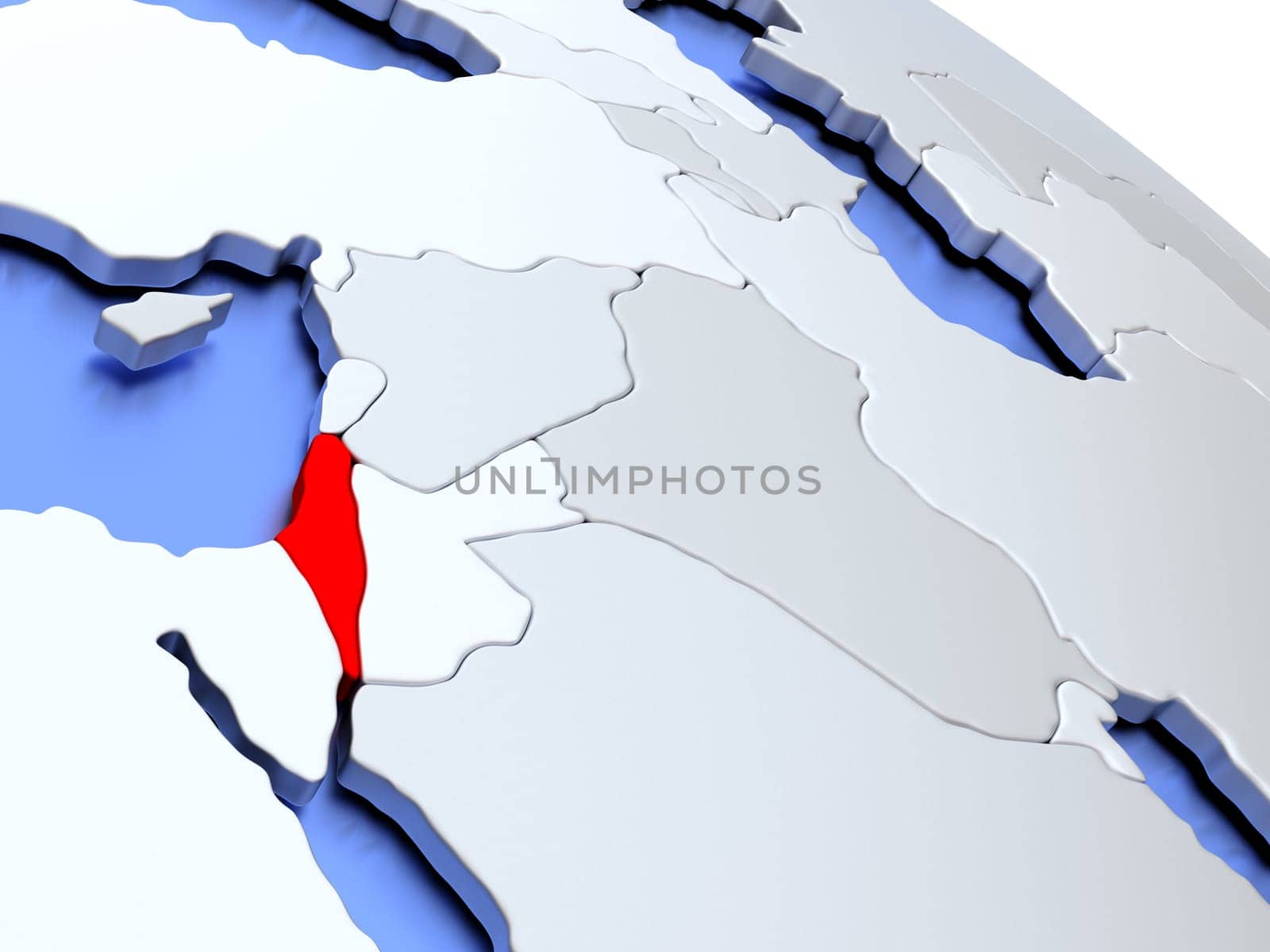 Map of Israel on elegant silver 3D globe with blue oceans. 3D illustration