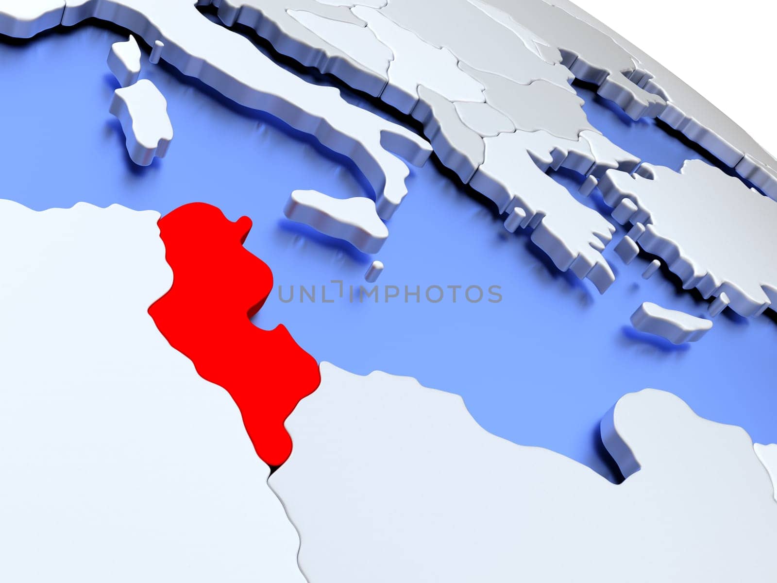 Map of Tunisia on elegant silver 3D globe with blue oceans. 3D illustration