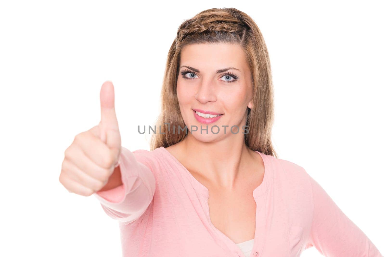 Studio recording of a young woman with a thumbs upstretched