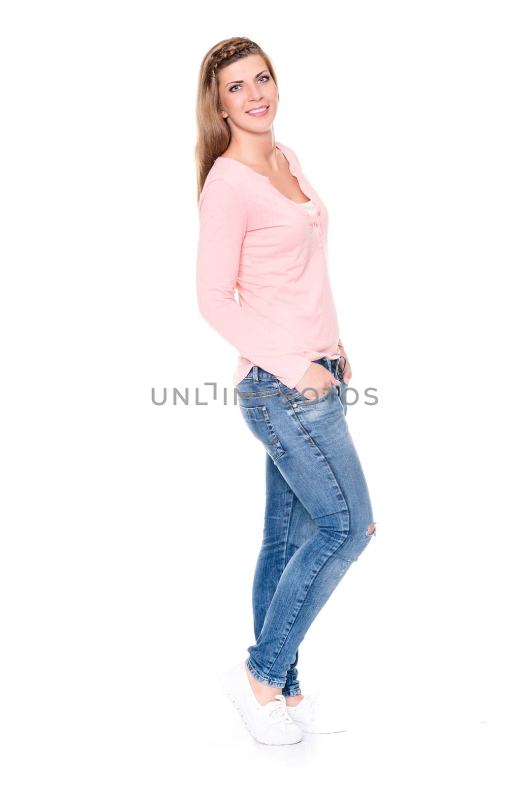 Full body shot of a young woman against a white background