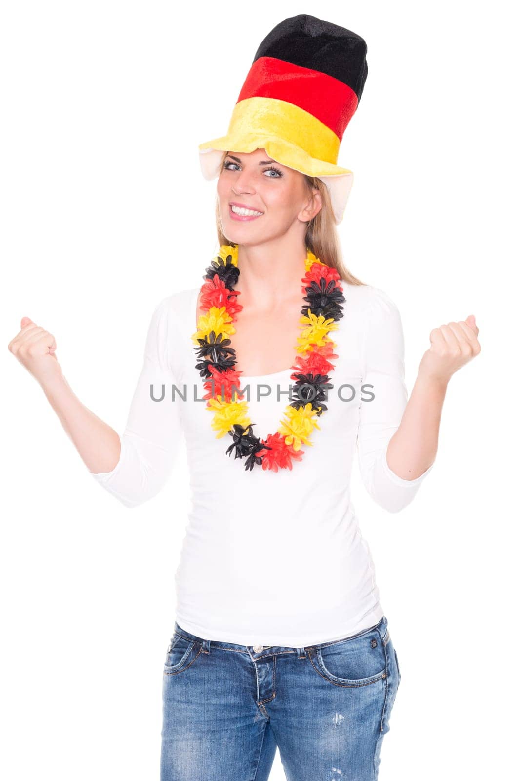 Studio recording of a young woman as a German football fan against a white background