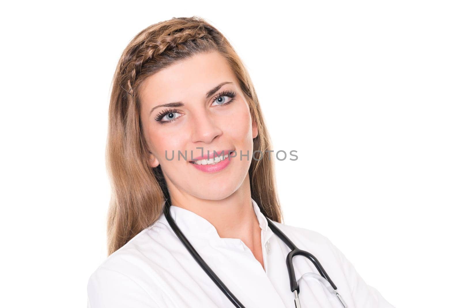 Studio recording of a young doctor against a white background