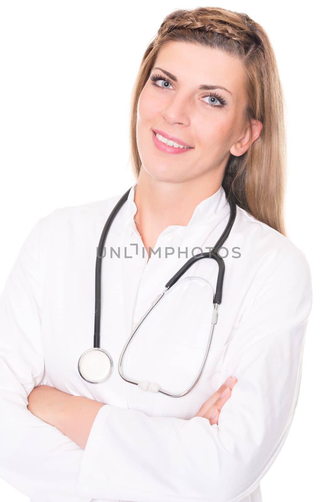Studio recording of a young doctor against a white background