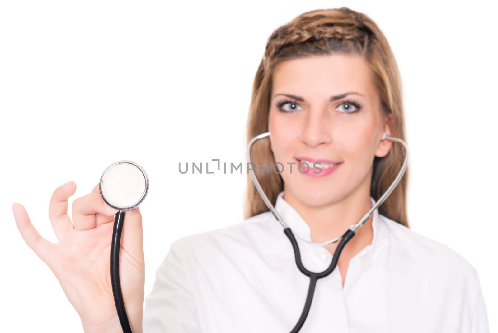 Studio recording of a young doctor against a white background