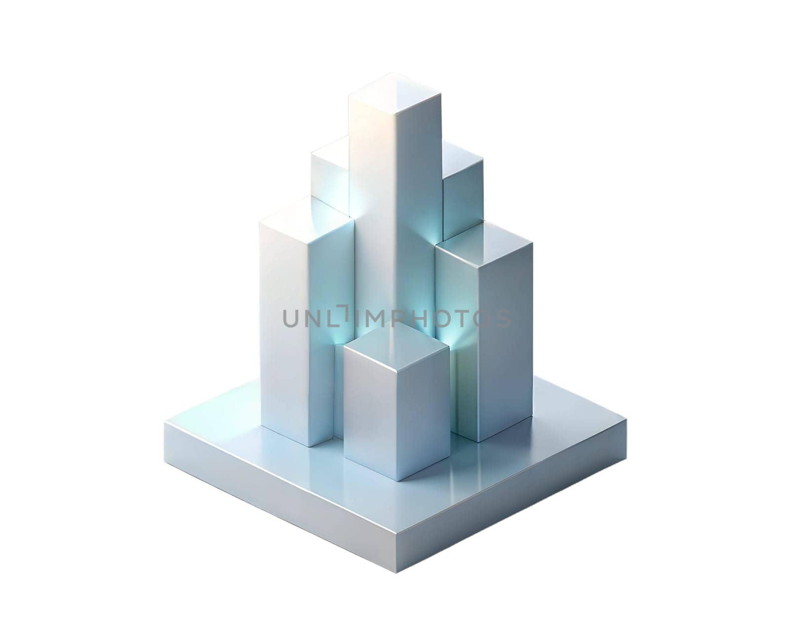 A modern 3D icon featuring abstract skyscrapers, glowing in soft light, isolated on white background. Perfect for architecture, city design, or technology-themed projects.