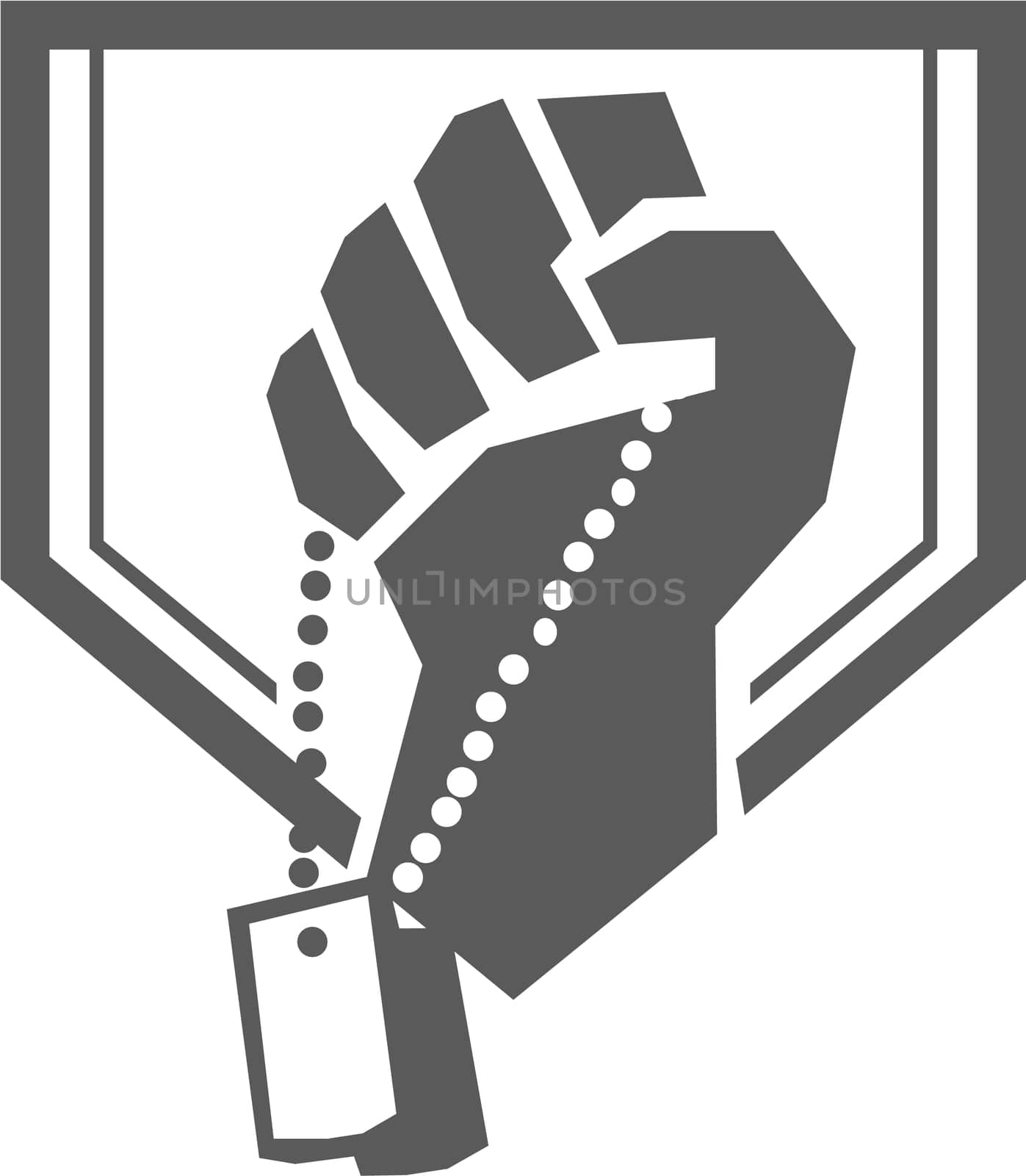 Illustration of a hand of a soldier clutching holding dogtag viewed from front set inside shield crest done in retro style.