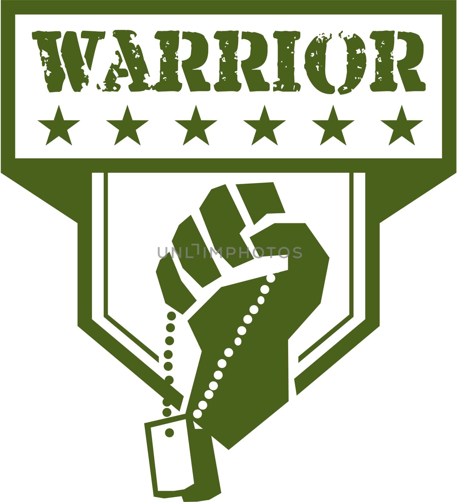Illustration of a hand of a soldier clutching holding dogtag viewed from front set inside shield crest with stars and the word text Warrior done in retro style.
