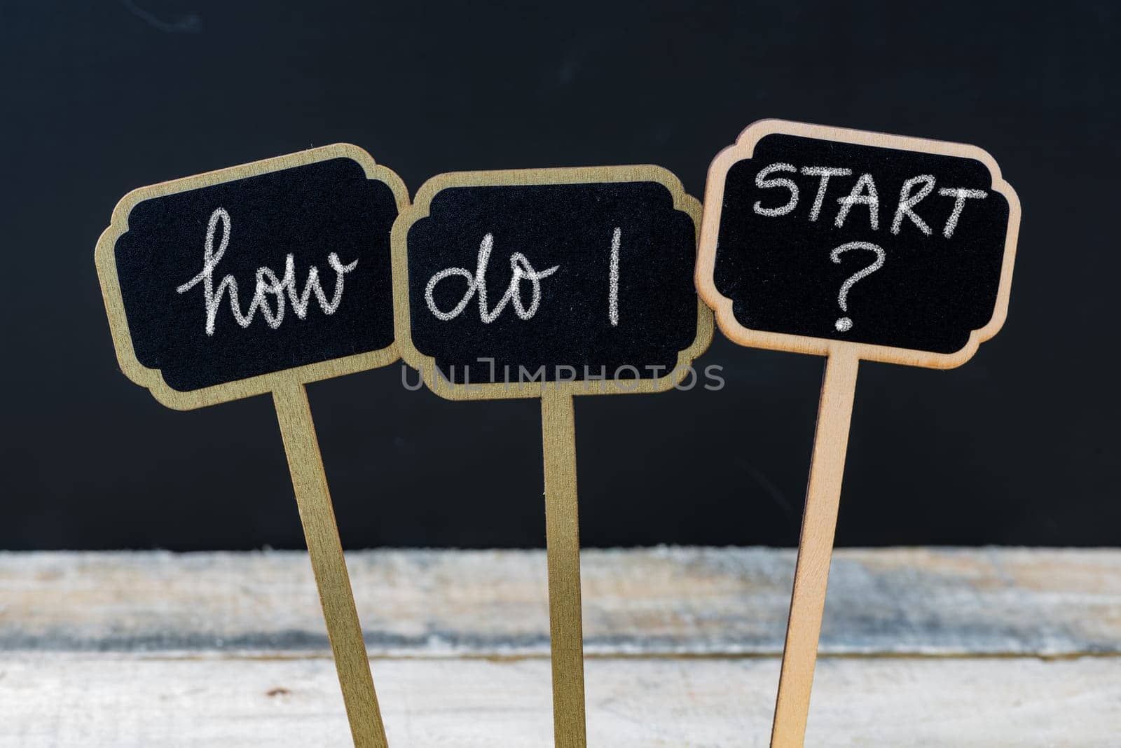 Business message HOW DO I START ? written with chalk on wooden mini blackboard labels, defocused chalkboard and wood table in background