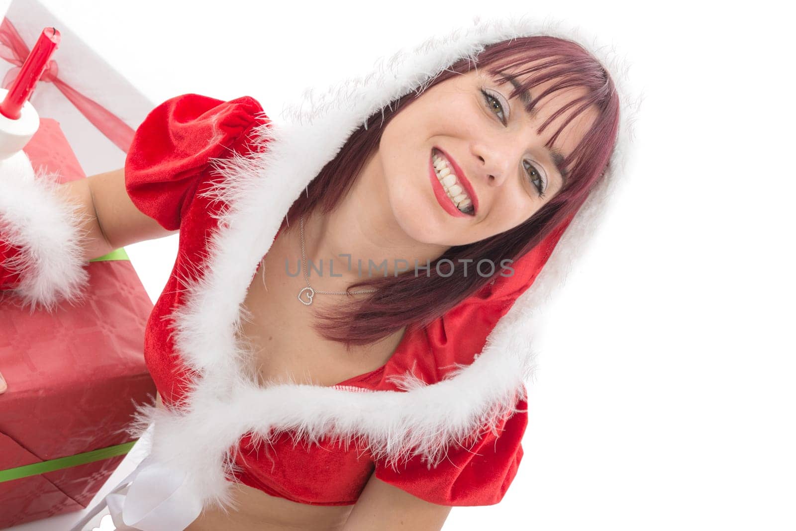 a portrait of beautiful  girl wearing santa claus clothes