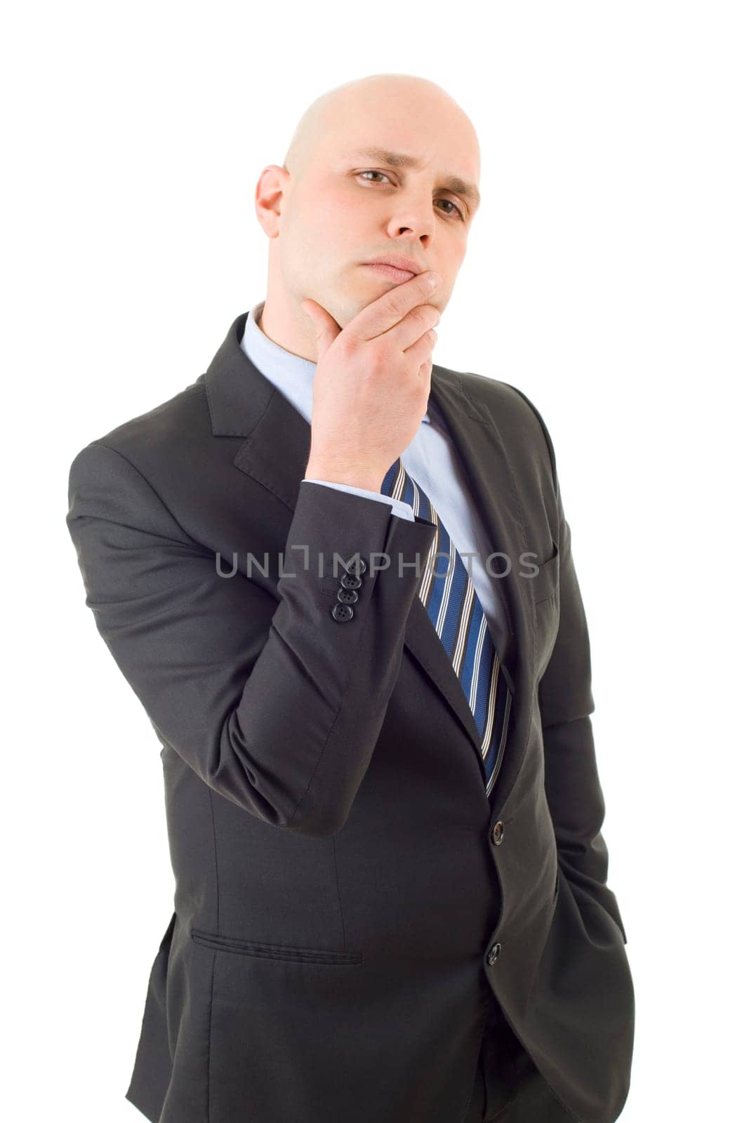 young business man thinking, isolated on white