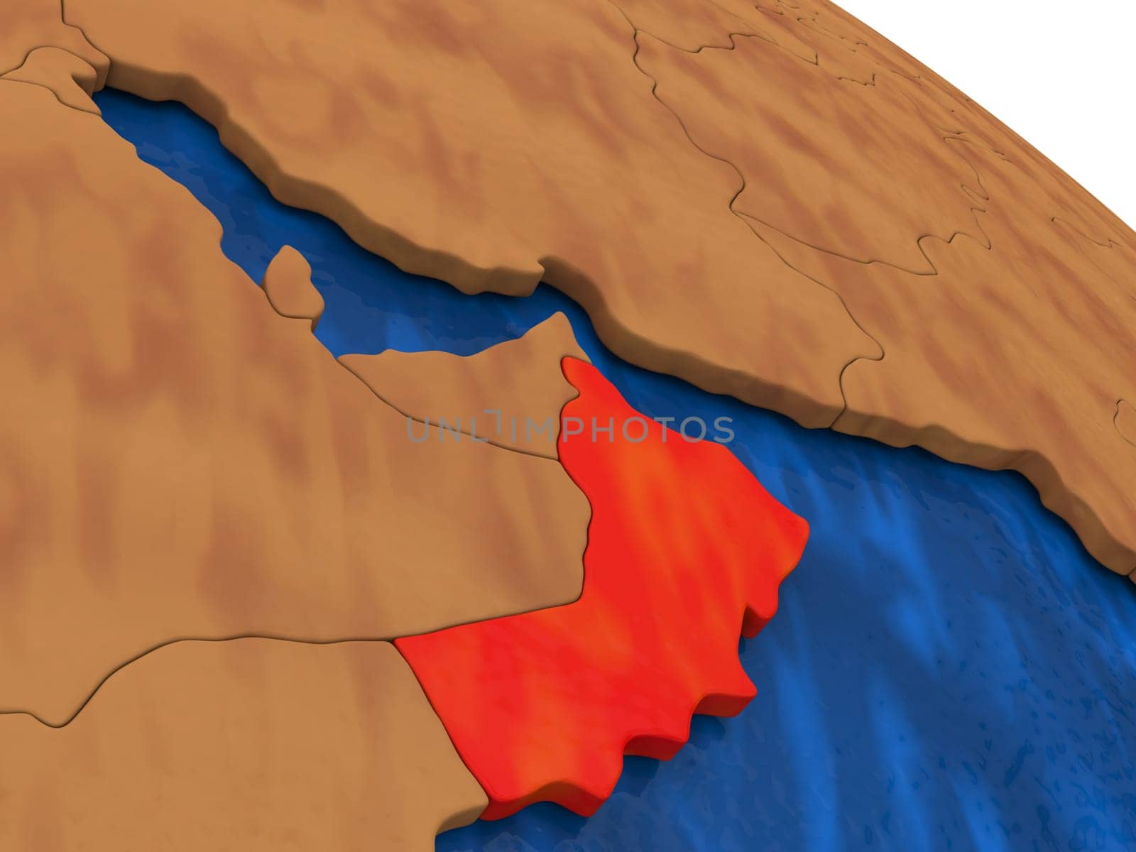 Map of Oman on wooden globe. 3D illustration