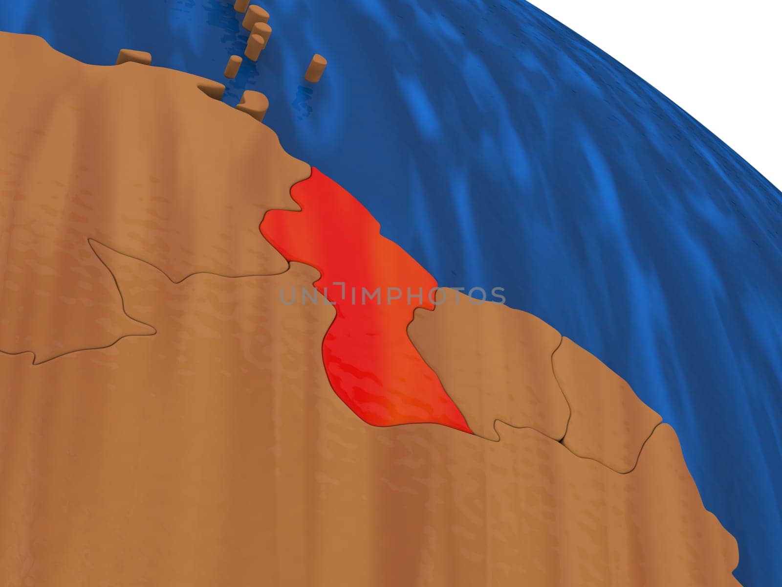 Map of Guyana on wooden globe. 3D illustration