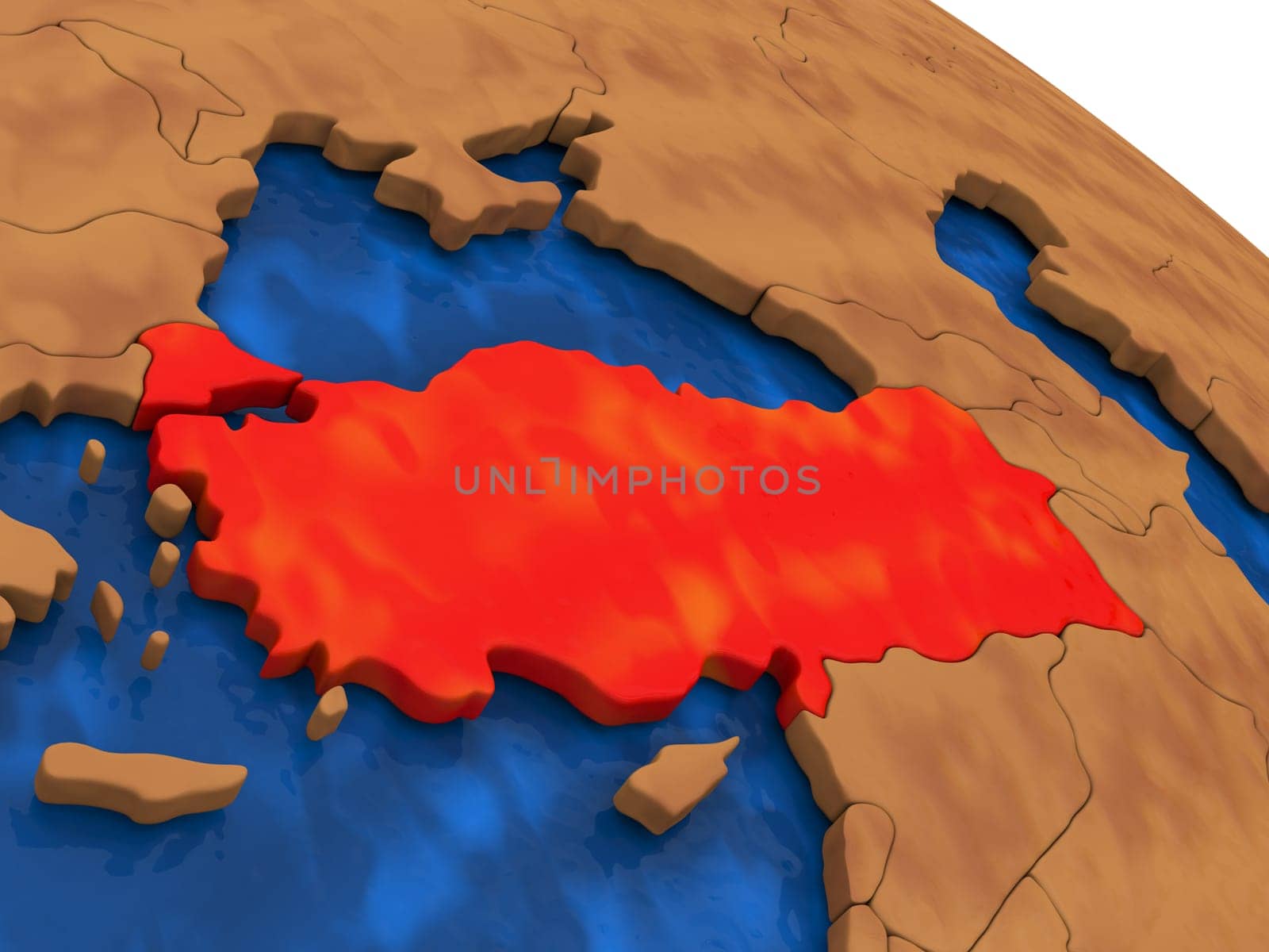 Map of Turkey on wooden globe. 3D illustration