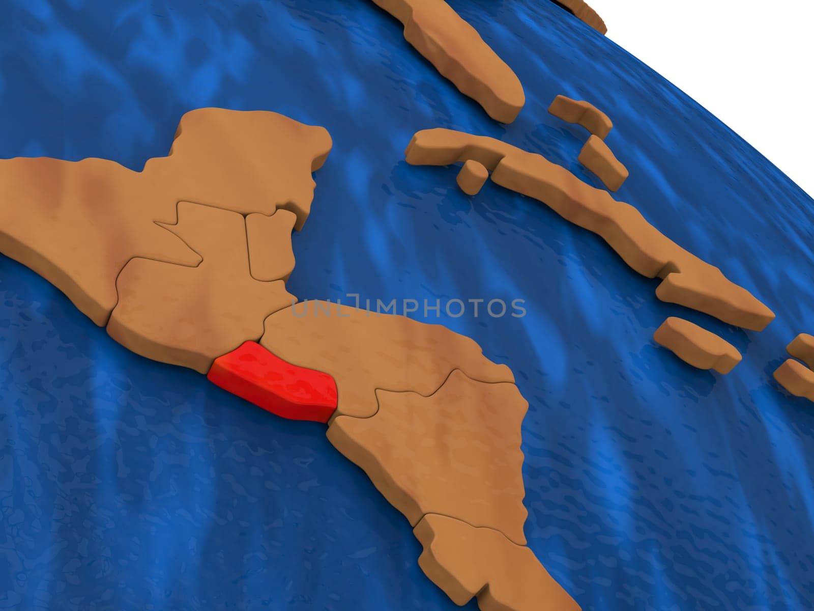 Map of El Salvador on wooden globe. 3D illustration