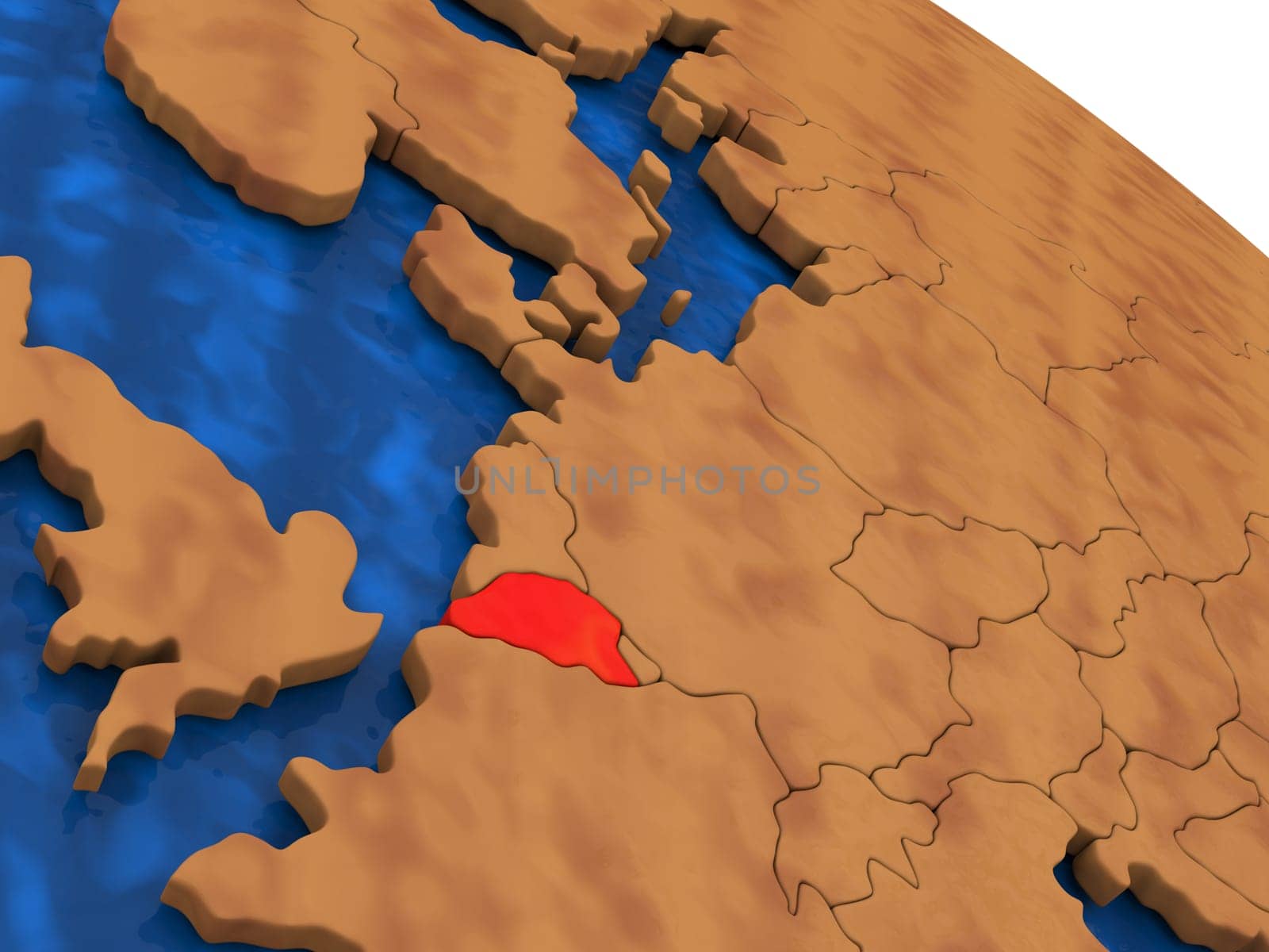 Map of Belgium on wooden globe. 3D illustration