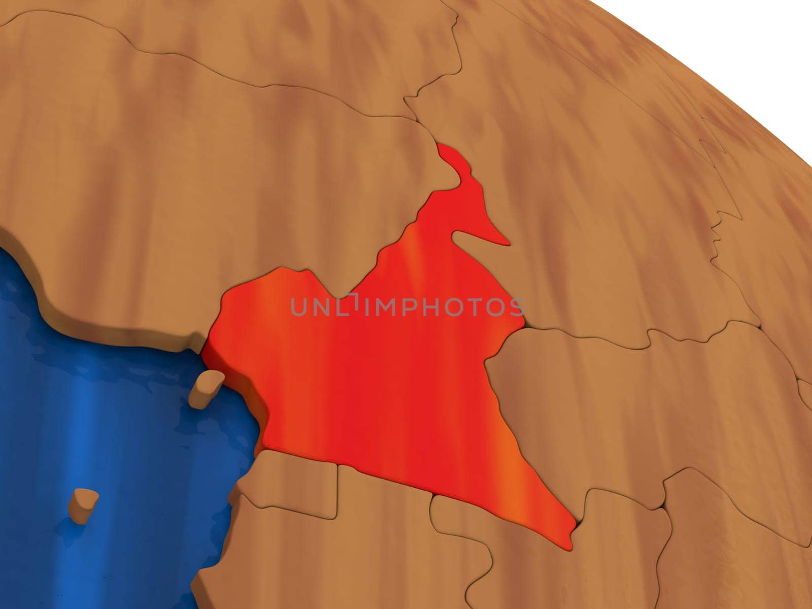 Map of Cameroon on wooden globe. 3D illustration