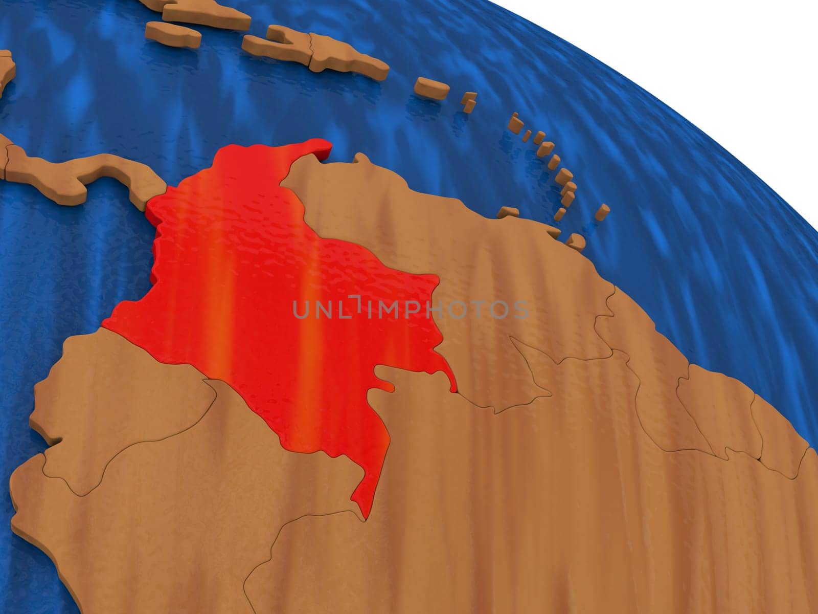 Map of Colombia on wooden globe. 3D illustration