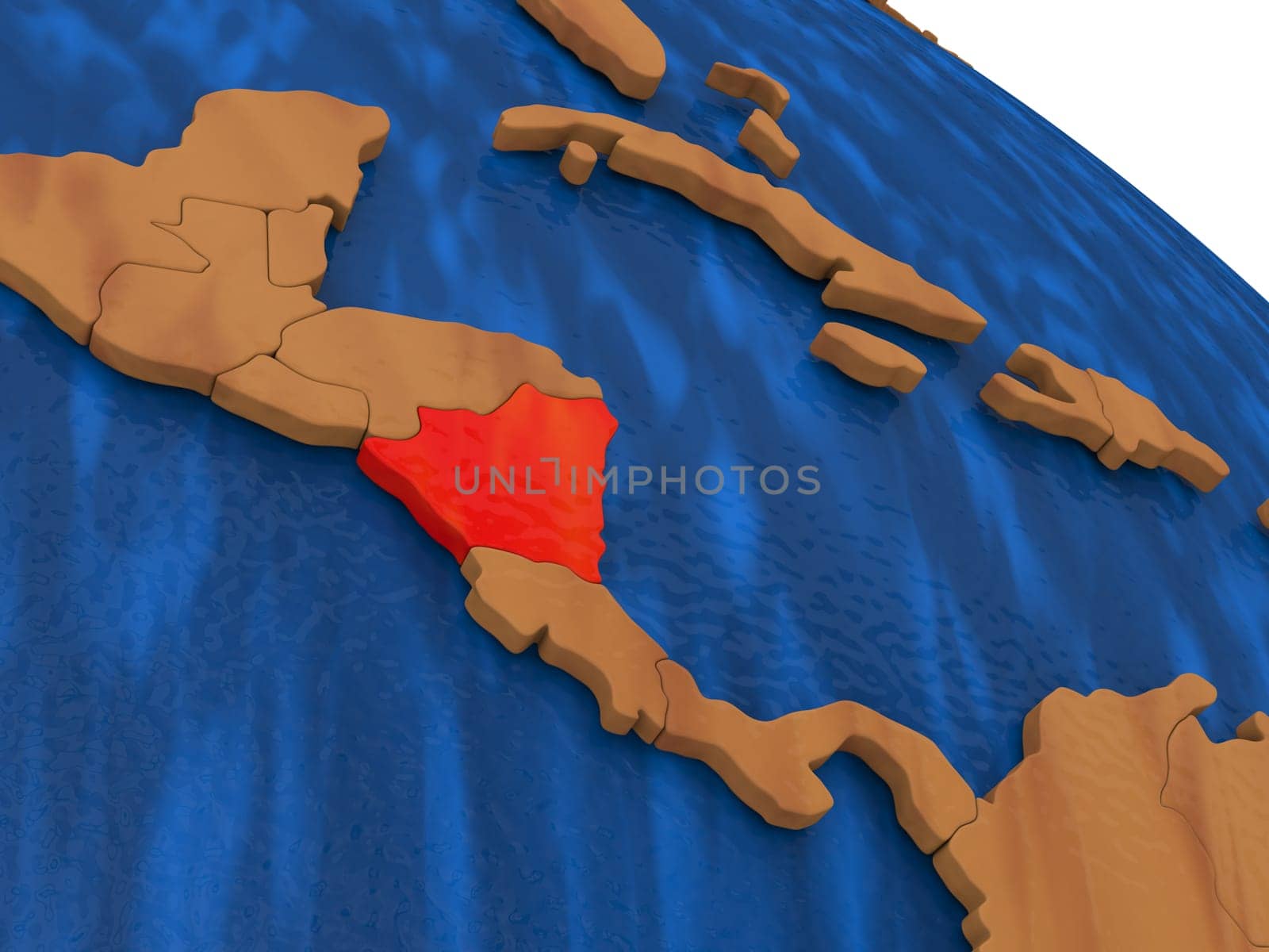 Map of Nicaragua on wooden globe. 3D illustration