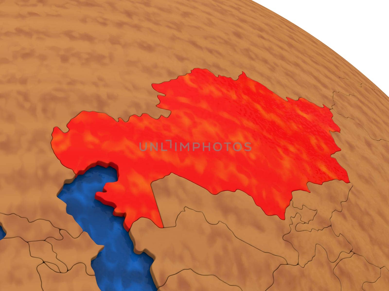 Map of Kazakhstan on wooden globe. 3D illustration