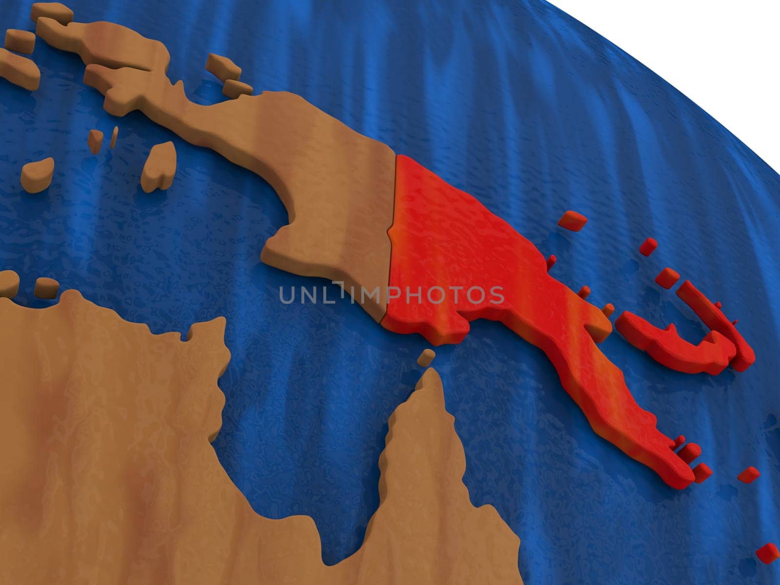 Map of Papua New Guinea on wooden globe. 3D illustration