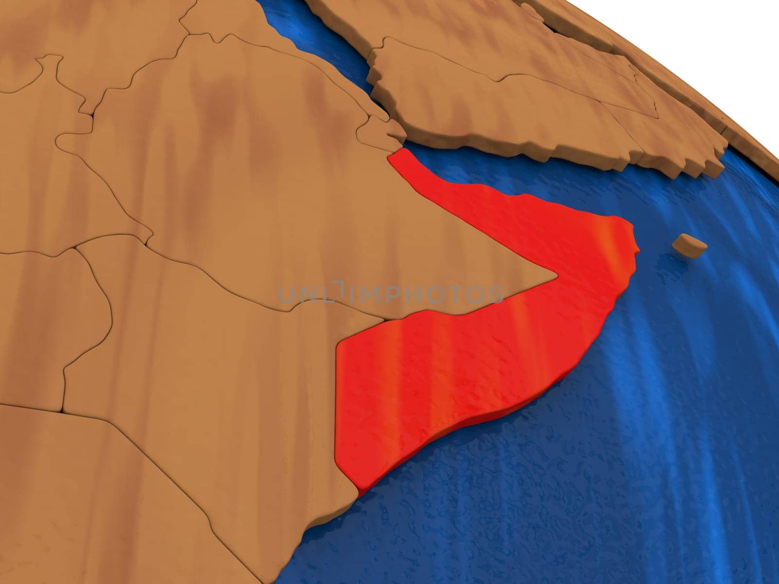 Map of Somalia on wooden globe. 3D illustration