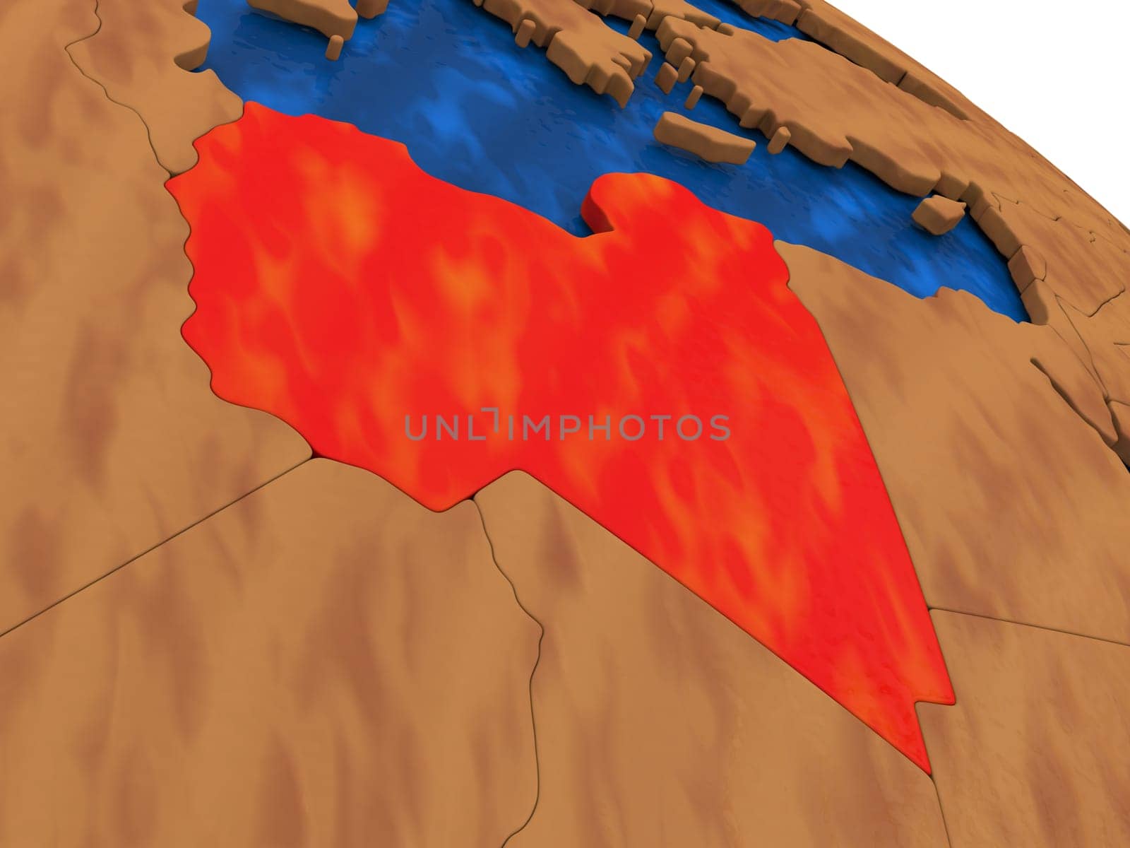 Map of Libya on wooden globe. 3D illustration