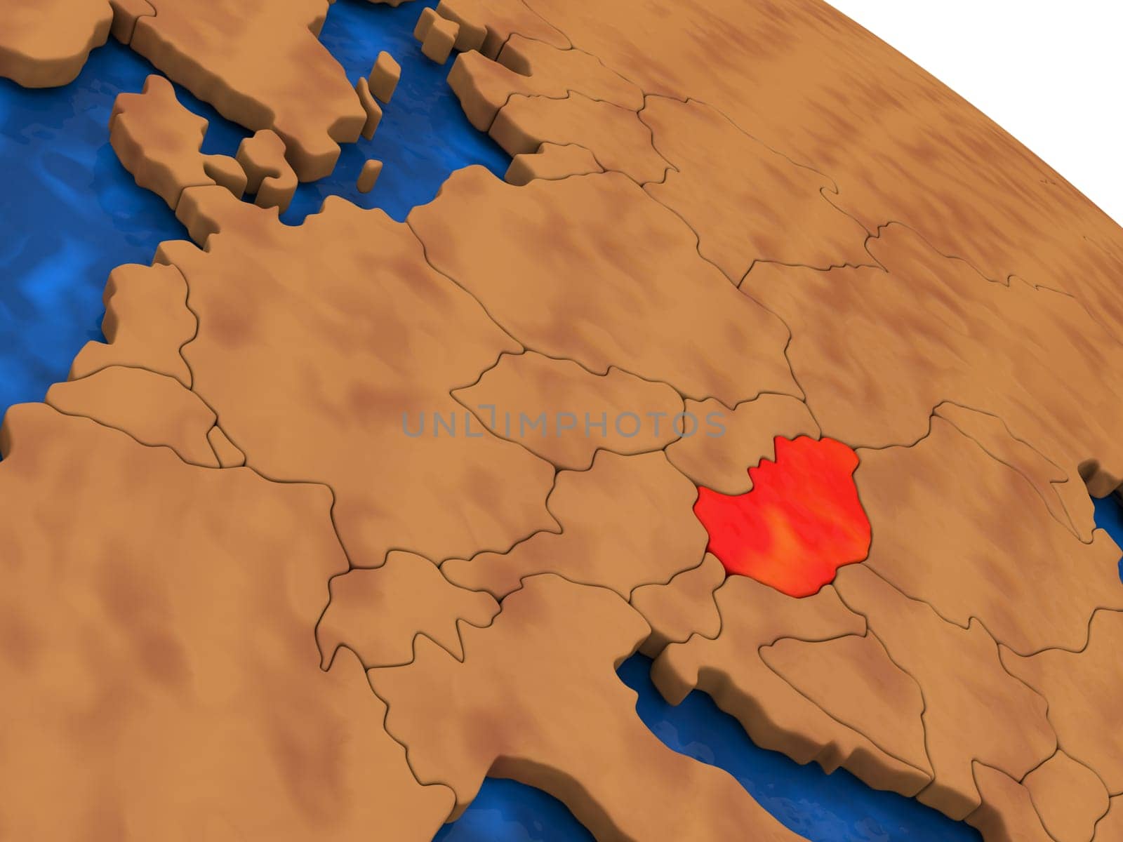 Map of Hungary on wooden globe. 3D illustration