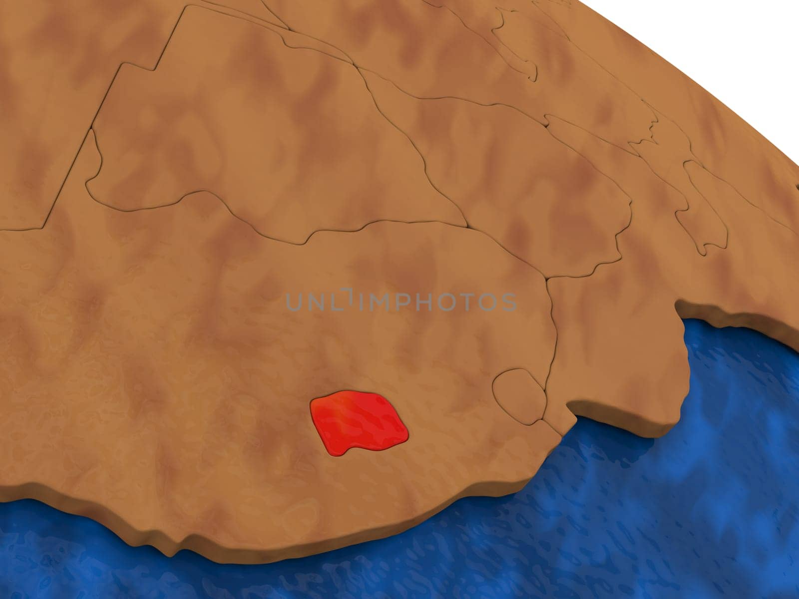 Map of Lesotho on wooden globe. 3D illustration